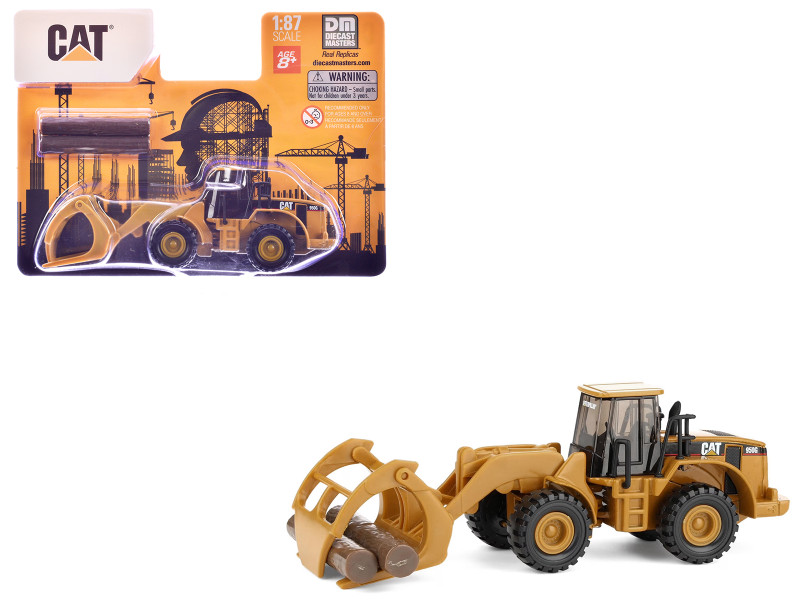 CAT Caterpillar 950G Wheel Loader Yellow with Log Fork and Wood Log Accessories 1/87 HO Diecast Model Diecast Masters 84661CS