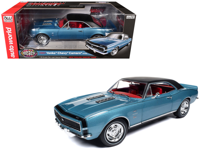 1967 Chevrolet Yenko Camaro YS760 Nantucket Blue Metallic with Black Stripes Black Vinyl Top and Red Interior Muscle Car & Corvette Nationals MCACN American Muscle Series 1/18 Diecast Model Car Auto World AMM1329