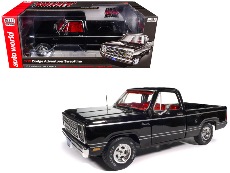 AMM13551979 Dodge Adventurer Sweptline Pickup Truck Black with Red Interior American Muscle Series 1/18 Diecast Model Car Auto World AMM1355
