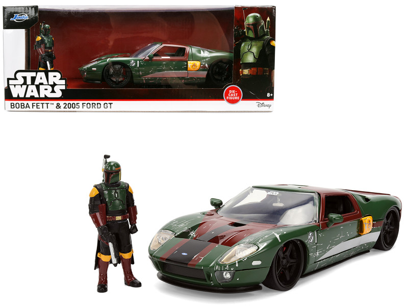 2005 Ford GT Green Weathered with Graphics and Boba Fett Figure Star Wars Franchise Hollywood Rides Series 1/24 Diecast Model Car Jada 36909