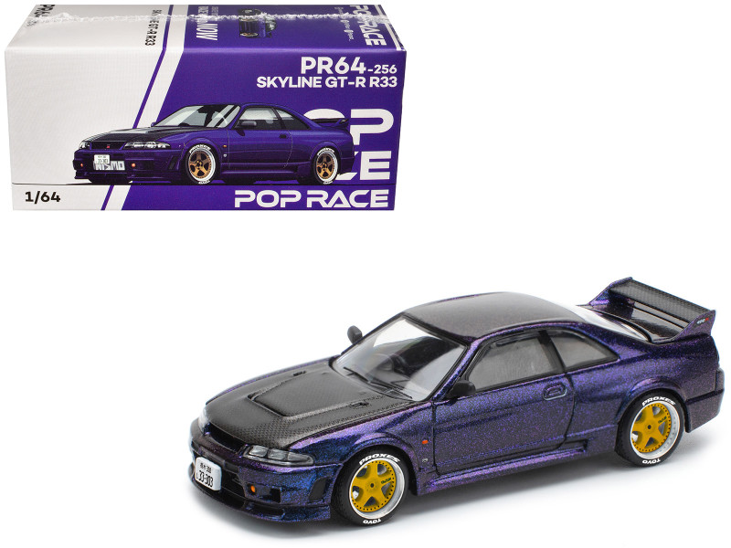 Skyline GT-R R33 RHD Right Hand Drive Midnight Purple Metallic with Carbon Hood 1/64 Diecast Model Car Pop Race PR640256
