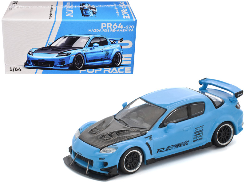 Mazda RX8 RE-Amemiya Widebody RHD Right Hand Drive Light Blue with Carbon Hood 1/64 Diecast Model Car Pop Race PR640270
