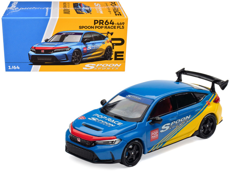 Honda Civic Type R FL5 Spoon Sports Blue and Yellow Tokyo Auto Salon - Hong Kong 2025 1/64 Diecast Model Car Pop Race PR640469