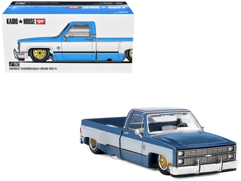 Chevrolet Silverado Dually Pickup Truck Vintage Spec V1 Light Blue Metallic with White Sides and Interior Designed by Jun Imai Kaido House Special 1/64 Diecast Model Car Mini GT KHMG192