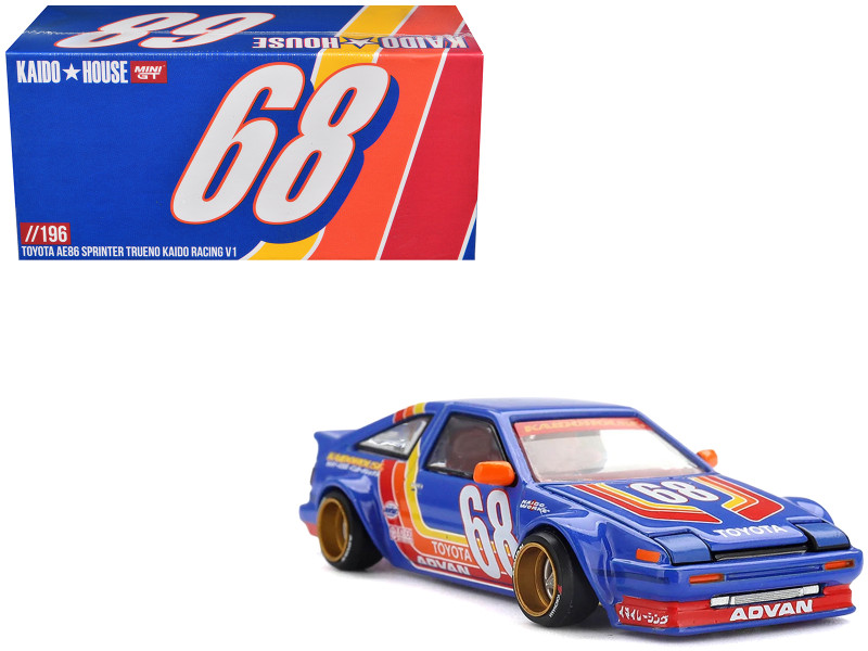 Toyota AE86 Sprinter Trueno Kaido Racing V1 RHD Right Hand Drive #68 Blue with Stripes Designed by Jun Imai Kaido House Special 1/64 Diecast Model Car Mini GT KHMG196