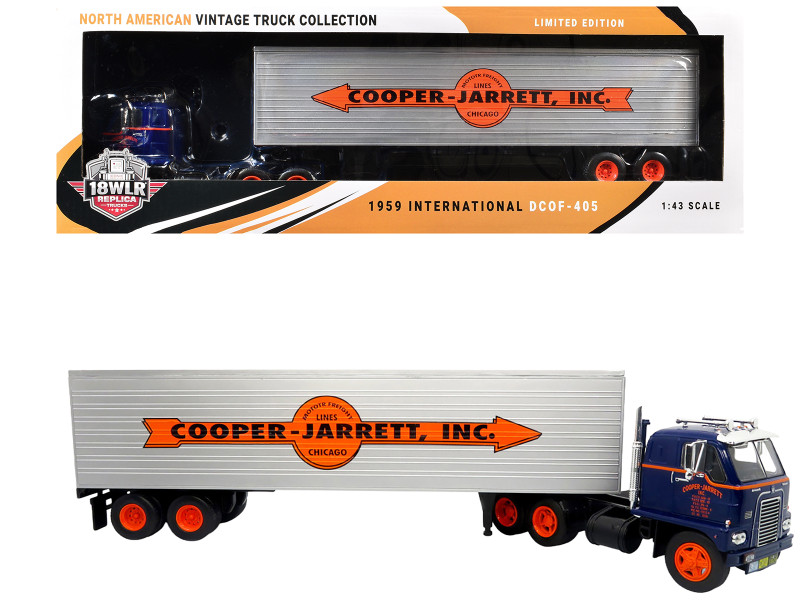1959 International DCOF-405 Truck with Box Trailer Cooper Jarrett Inc. Dark Blue with Orange Stripes North American Vintage Truck Collection 1/43 Diecast Model Iconic Replicas 43-0637