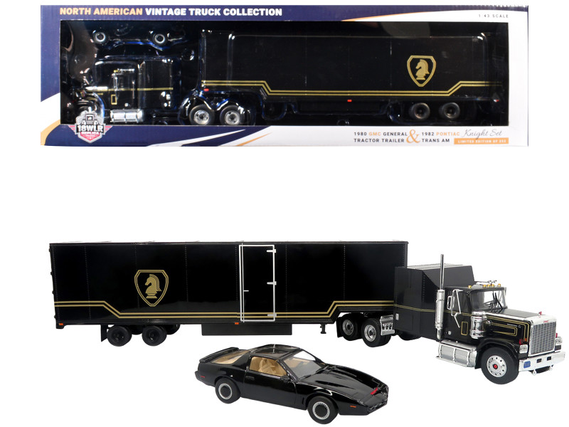 1980 GMC General Truck with Box Trailer Black with Gold Stripes and 1982 Pontiac Firebird Trans Am Black Knight Set North American Vintage Truck Collection Limited Edition to 252 pieces Worldwide 1/43 Diecast Model Iconic Replicas 43-0639