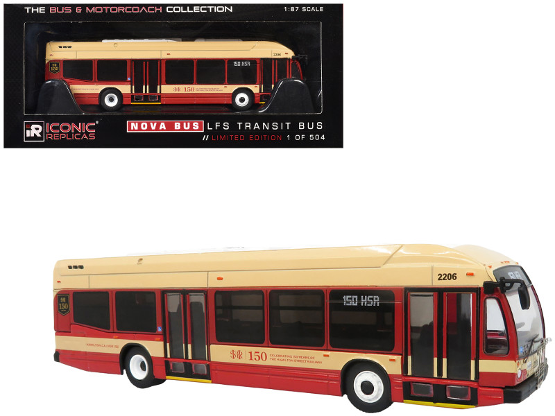 Nova Bus LFS HEV Transit Bus Hamilton Street Railway 150th Anniversary Cream and Red The Bus & Motorcoach Collection Limited Edition to 504 pieces Worldwide 1/87 HO Diecast Model Iconic Replicas 87-0624