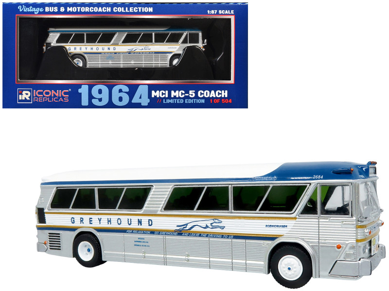 1964 MCI MC-5A Coach Bus Greyhound Golden Anniversary Silver with Blue and Gold Stripes Vintage Bus & Motorcoach Collection Limited Edition to 504 pieces Worldwide 1/87 HO Diecast Model Iconic Replicas 87-0625