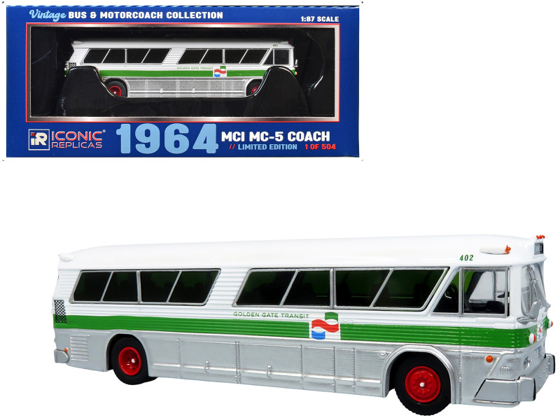 1964 MCI MC-5A Coach Bus Golden Gate Transit White with Green Stripes Vintage Bus & Motorcoach Collection Limited Edition to 504 pieces Worldwide 1/87 HO Diecast Model Iconic Replicas 87-0626