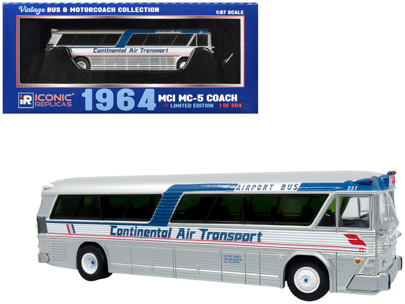 1964 MCI MC-5A Coach Bus Continental Air Transport Silver with Blue Stripes Vintage Bus & Motorcoach Collection Limited Edition to 504 pieces Worldwide 1/87 HO Diecast Model Iconic Replicas 87-0627