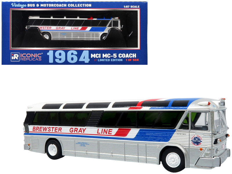 1964 MCI MC-5A Coach Bus Brewster Gray Line Silver with Blue and Red Stripes Vintage Bus & Motorcoach Collection Limited Edition to 504 pieces Worldwide 1/87 HO Diecast Model Iconic Replicas 87-0628
