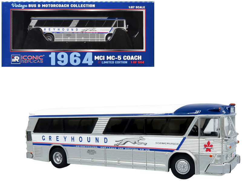 1964 MCI MC-5A Coach Bus Greyhound Canada White with Blue Stripes Vintage Bus & Motorcoach Collection Limited Edition to 504 pieces Worldwide 1/87 HO Diecast Model Iconic Replicas 87-0629