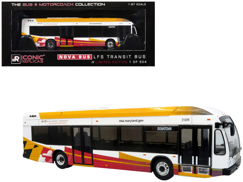 Nova Bus LFSH Hybrid Transit Bus MTA Maryland White with Red and Yellow Graphics The Bus & Motorcoach Collection Limited Edition to 504 pieces Worldwide 1/87 HO Diecast Model Iconic Replicas 87-0634