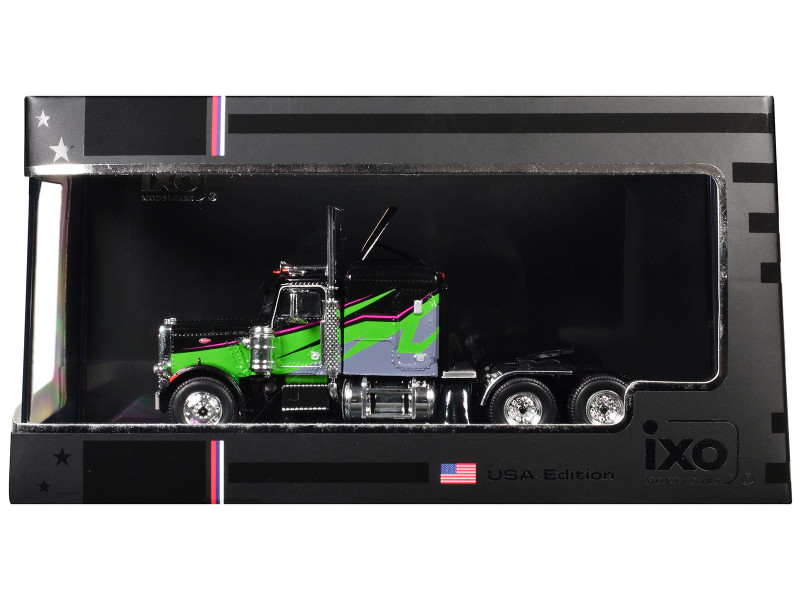 1973 Peterbilt 359 Truck Tractor Black and Lime Green with Graphics 1/64 Diecast Model IXO Models U64TR007
