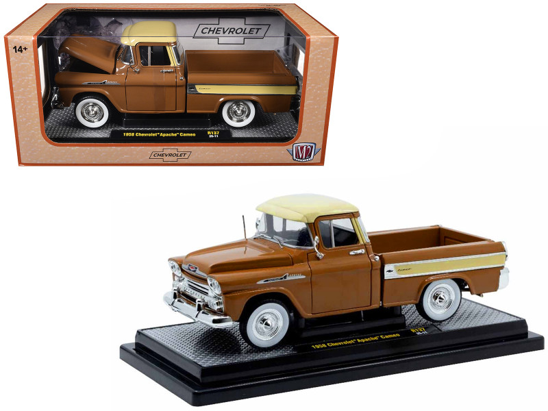 1958 Chevrolet Apache Cameo Pickup Truck Brown with Beige Top Limited Edition to 5250 pieces Worldwide 1/24 Diecast Model Car M2 Machines 40300-137B