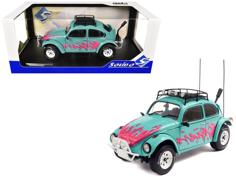 1976 Volkswagen Beetle Baja Miami Green with Pink Graphics 1/18 Diecast Model Car Solido S1809604