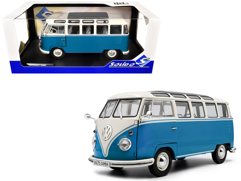 1962 Volkswagen T1 Samba Bus Baby Blue and White 1/18 Diecast Model Car Solido S1813401