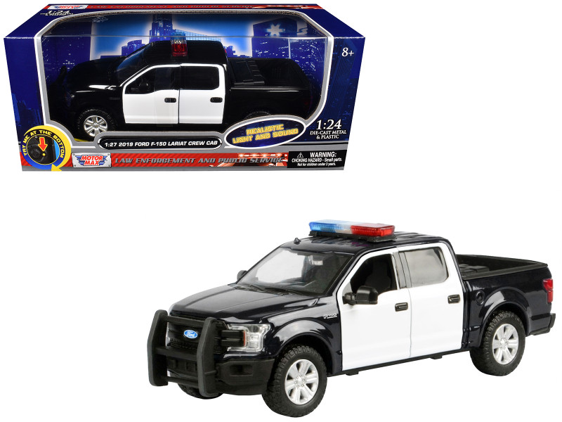 2019 Ford F 150 Lariat Crew Cab Pickup Truck Black and White with Flashing Light Bar and Front and Rear Lights and Sounds 1/24-1/27 Diecast Model Car Motormax 79542BKW