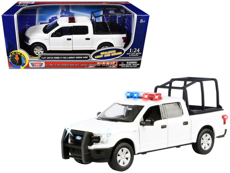 2019 Ford F 150 Lariat Crew Cab Pickup Truck with Bed Cage White with Flashing Light Bar and Front and Rear Lights and Sounds 1/27 Diecast Model Car Motormax 79543W