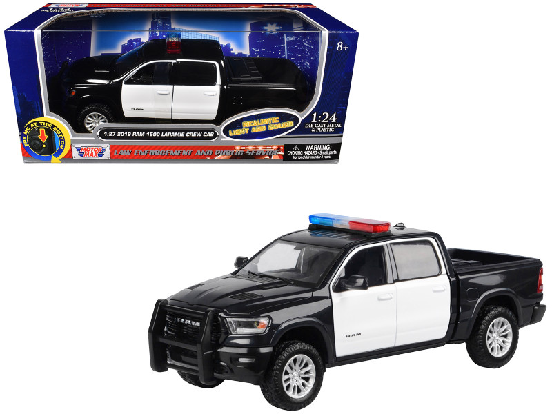 2019 RAM 1500 Laramie Crew Cab Pickup Truck Black and White with Flashing Light Bar and Front and Rear Lights and Sounds 1/27 Diecast Model Car Motormax 79544BKW