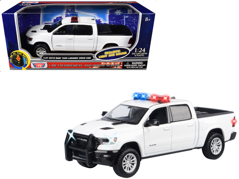 2019 RAM 1500 Laramie Crew Cab Pickup Truck White with Flashing Light Bar and Front and Rear Lights and Sounds 1/24-1/27 Diecast Model Car Motormax 79544W