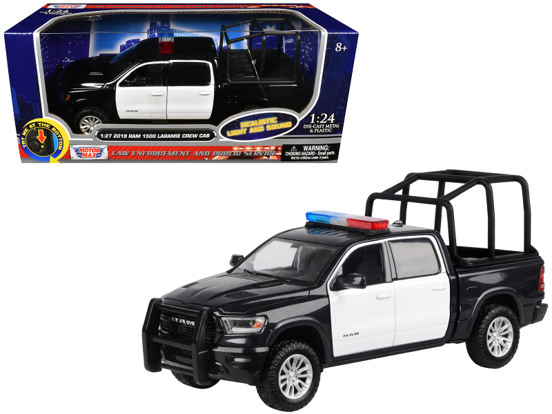 2019 RAM 1500 Laramie Crew Cab Pickup Truck with Bed Cage Black and White with Flashing Light Bar and Front and Rear Lights and Sounds 1/24-1/27 Diecast Model Car Motormax 79545BKW