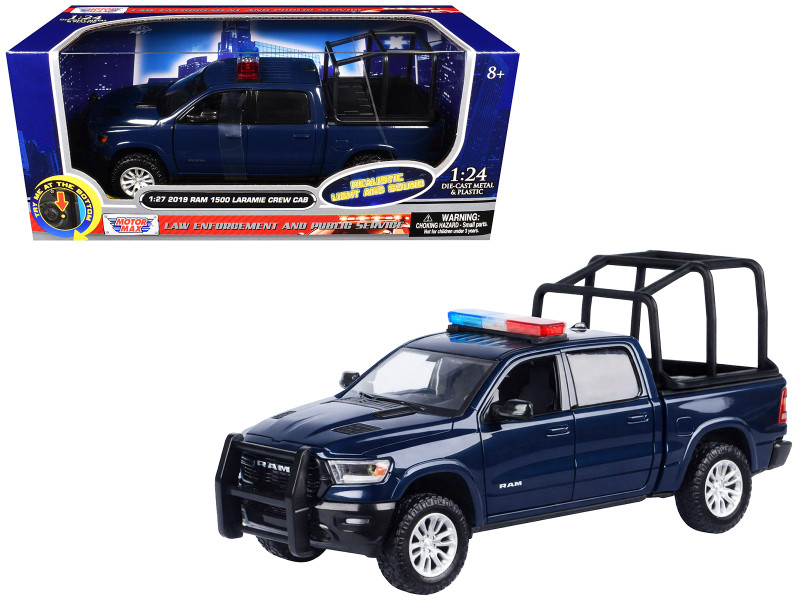 2019 RAM 1500 Laramie Crew Cab Pickup Truck with Bed Cage Dark Blue with Flashing Light Bar and Front and Rear Lights and Sounds 1/24-1/27 Diecast Model Car Motormax 79545BL