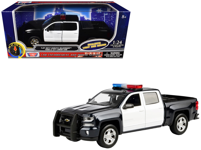 2017 Chevrolet Silverado 1500 LT Z71 Crew Cab Pickup Truck Black and White with Flashing Light Bar and Front and Rear Lights and Sounds 1/27 Diecast Model Car Motormax 79546BKW