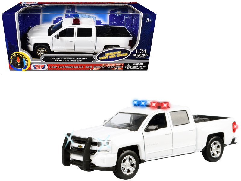 2017 Chevrolet Silverado 1500 LT Z71 Crew Cab Pickup Truck White with Flashing Light Bar and Front and Rear Lights and Sounds 1/24-1/27 Diecast Model Car Motormax 79546W