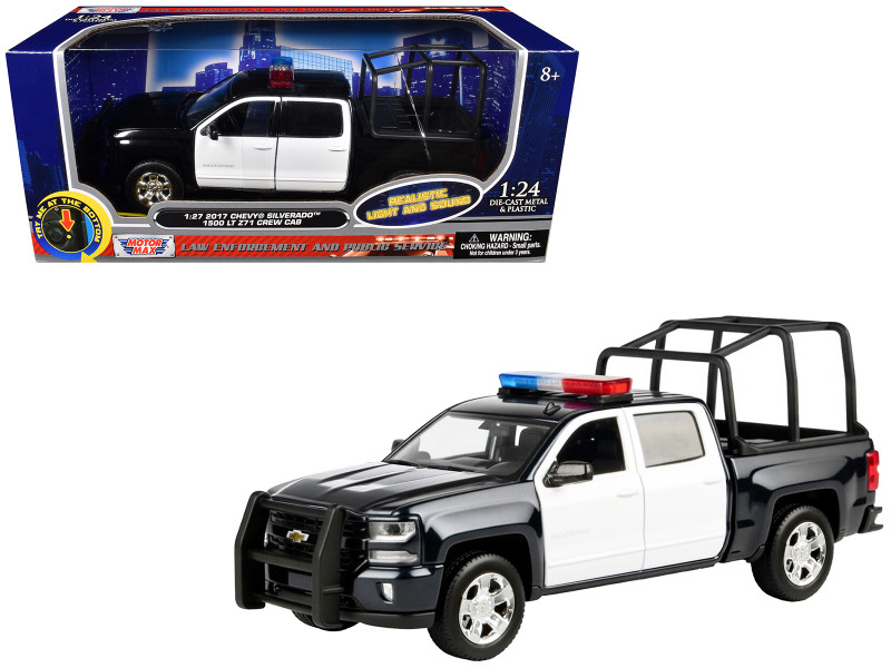 2017 Chevrolet Silverado 1500 LT Z71 Crew Cab Pickup Truck with Bed Cage Black and White with Flashing Light Bar and Front and Rear Lights and Sounds 1/27 Diecast Model Car Motormax 79547BKW