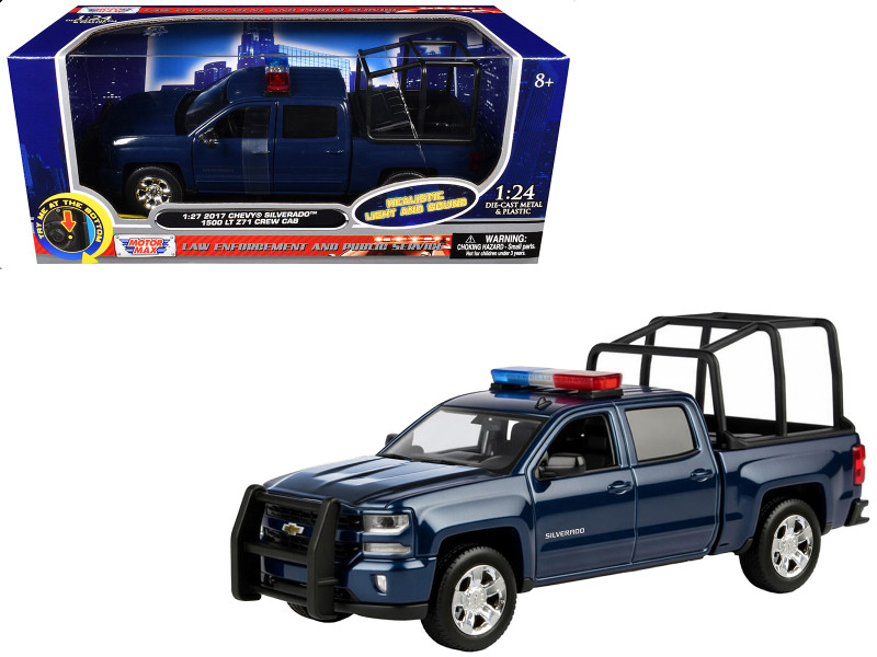 2017 Chevrolet Silverado 1500 LT Z71 Crew Cab Pickup Truck with Bed Cage Dark Blue with Flashing Light Bar and Front and Rear Lights and Sounds 1/24-1/27 Diecast Model Car Motormax 79547BL