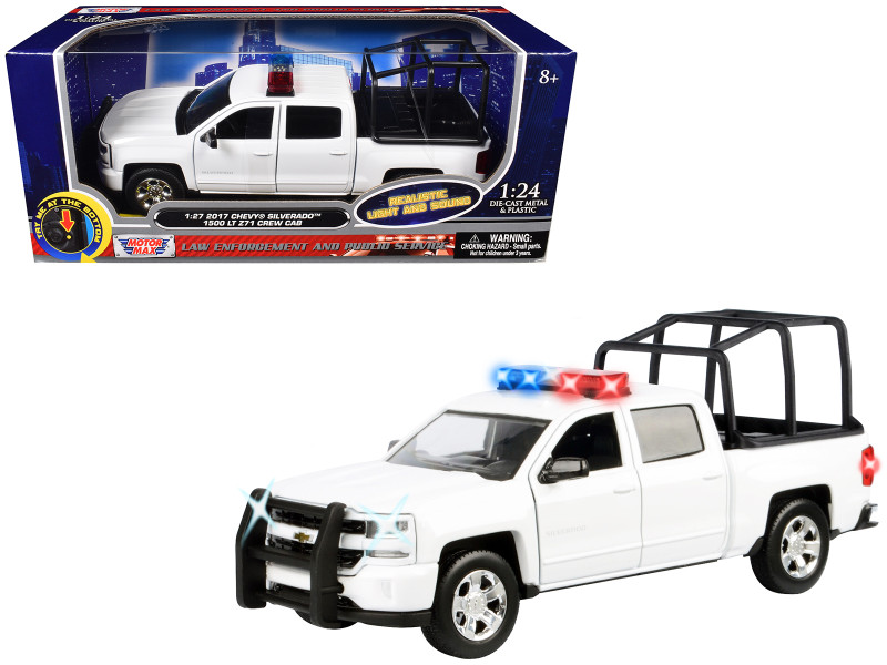 2017 Chevrolet Silverado 1500 LT Z71 Crew Cab Pickup Truck with White with Flashing Light Bar and Front and Rear Lights and Sounds 1/24-1/27 Diecast Model Car Motormax 79547W
