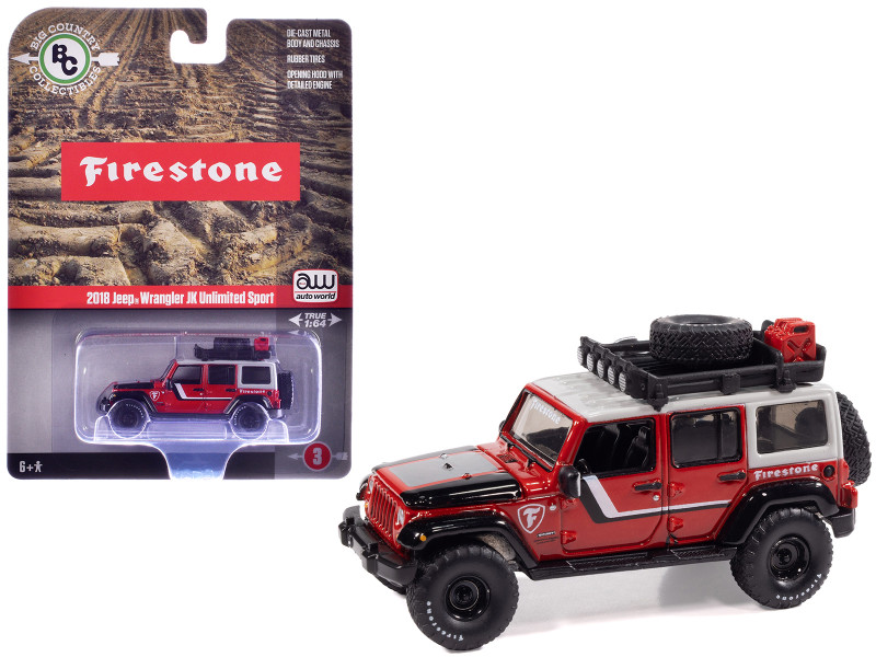 2018 Jeep Wrangler JK Unlimited Sport Firestone Field Agent Red with Graphics and Gray Top with Roof Rack Big Country Collectibles 2025 Series 1/64 Diecast Model Car Auto World AWBC003-AWSP200