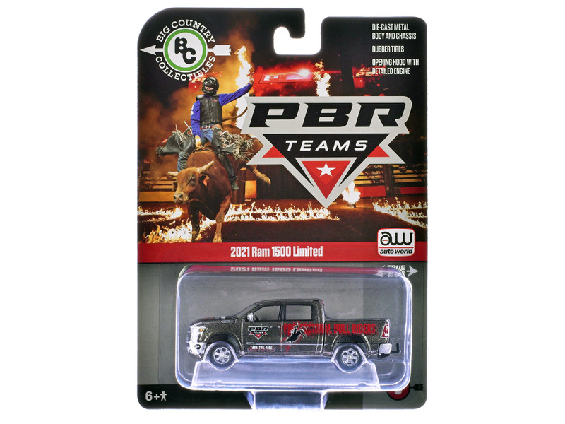 2021 Ram 1500 Limited Pickup Truck PBR Professional Bull Riders Gray Metallic with Graphics Big Country Collectibles 2025 Series 1/64 Diecast Model Car Auto World AWBC003-AWSP202