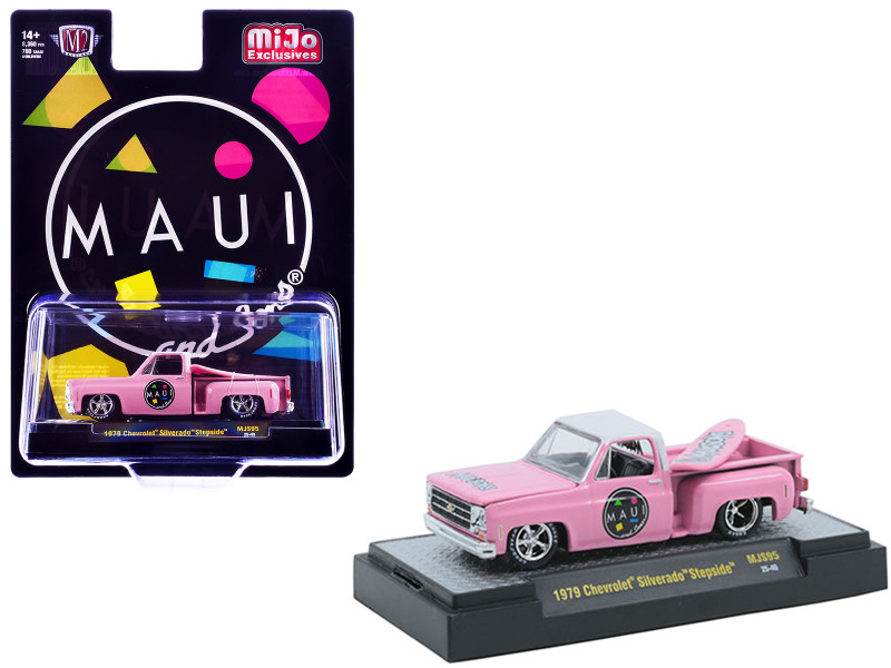 1979 Chevrolet Silverado Stepside Pickup Truck Maui & Sons Pink with White Top and Surfboard Limited Edition to 8360 pieces Worldwide 1/64 Diecast Model Car M2 Machines 31500-MJS95