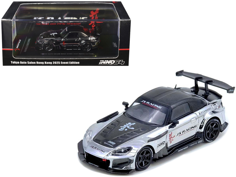Honda S2000 RHD Right Hand Drive J s Racing Chrome Silver with Carbon Hood and Top with Graphics Tokyo Auto Salon Hong Kong 2025 Event Edition 1/64 Diecast Model Car Inno Models IN64-S2000JS-TASHK25