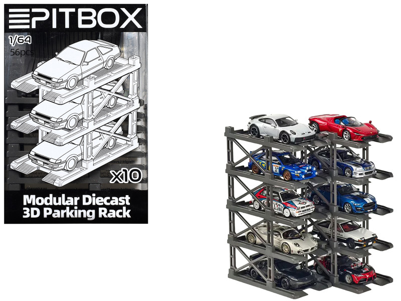 Modular Diecast 3D Parking Rack Display Stand Set of 10 Racks for 1/64 Scale Model Cars Pitbox 720008