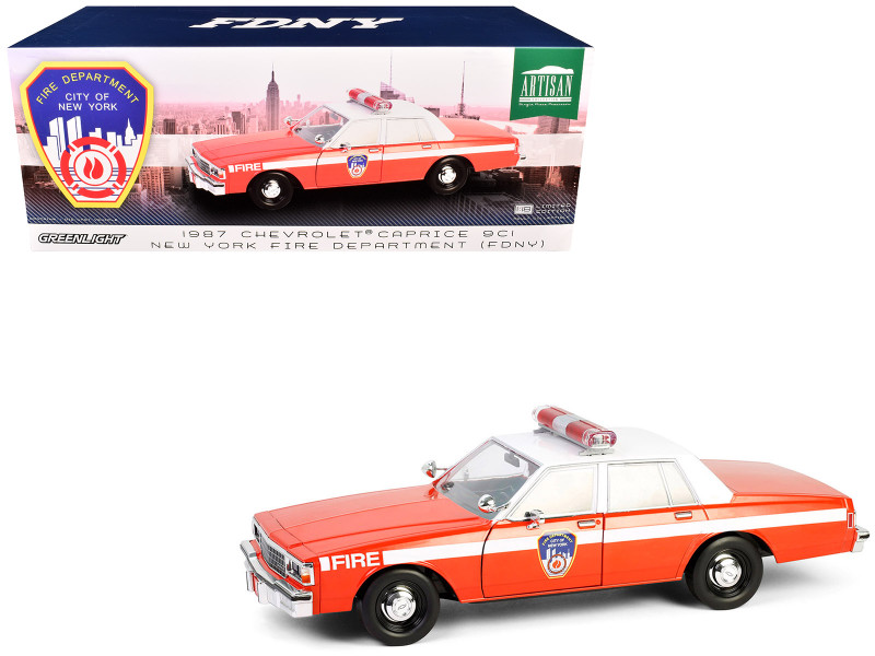 1987 Chevrolet Caprice 9C1 FDNY The Official Fire Department City of New York Red with White Top and Stripes Artisan Collection 1/18 Diecast Model Car Greenlight 19141