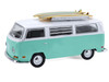 1971 Volkswagen Type 2 Van Seafoam Green and White with Surfboards and Teardrop Trailer Hitch & Tow Series 33 1/64 Diecast Model Cars Greenlight 32330B