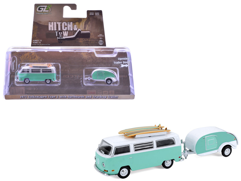 1971 Volkswagen Type 2 Van Seafoam Green and White with Surfboards and Teardrop Trailer Hitch & Tow Series 33 1/64 Diecast Model Cars Greenlight 32330B