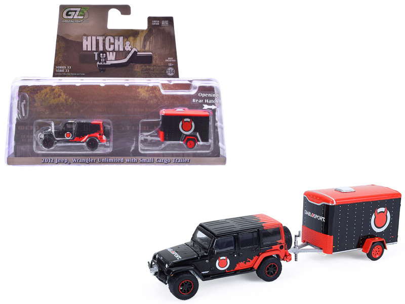 2012 Jeep Wrangler Unlimited Diablo Sport Black with Red Graphics and Small Cargo Trailer Hitch & Tow Series 33 1/64 Diecast Model Cars Greenlight 32330C