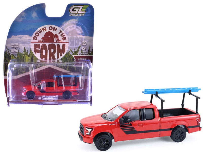 2015 Ford F 150 Pickup Truck with Ladder Rack Red with Black Stripes Down on the Farm Series 11 1/64 Diecast Model Greenlight 48110E