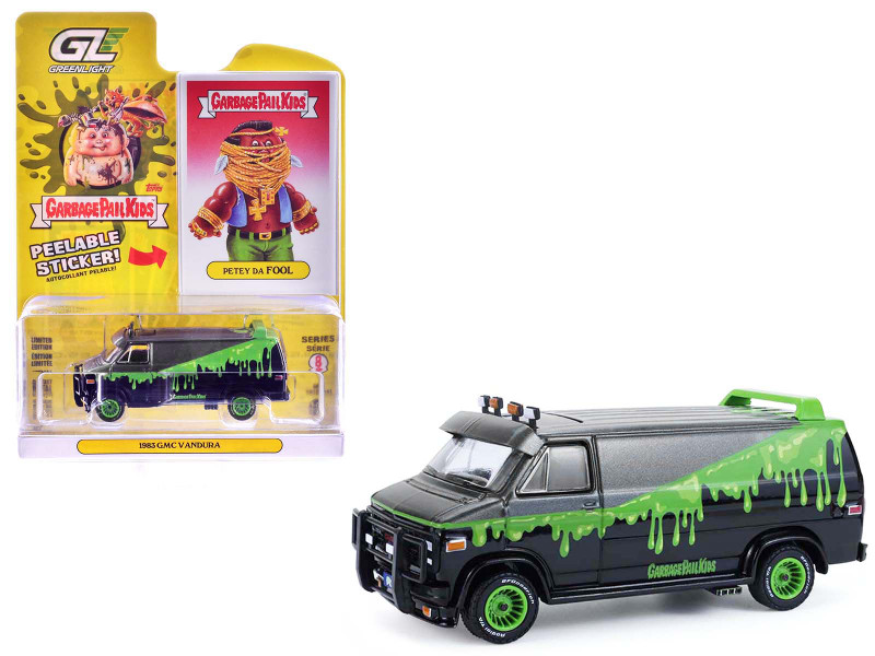 1983 GMC Vandura Van Gray Metallic and Black with Green Slime Graphics Petey Da Fool Garbage Pail Kids Series 8 1/64 Diecast Model Car Greenlight 54120A