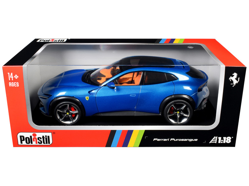 2022 Ferrari Purosangue Blu Corsa Blue Metallic with Black Top and Orange Interior 1/18 Diecast Model Car Polistil 18FE02022-WB
