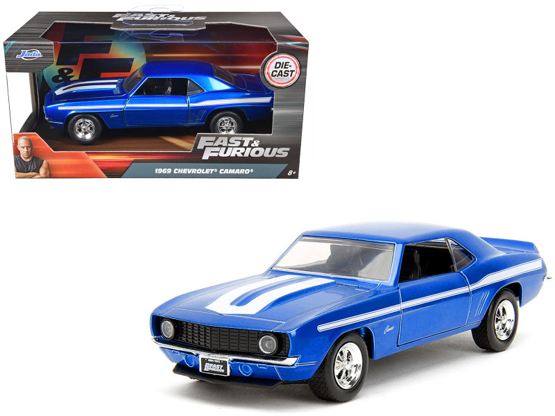 1969 Chevrolet Camaro Blue Metallic with White Stripes 2 Fast 2 Furious 2003 Movie Fast & Furious Series 1/32 Diecast Model Car Jada 34443