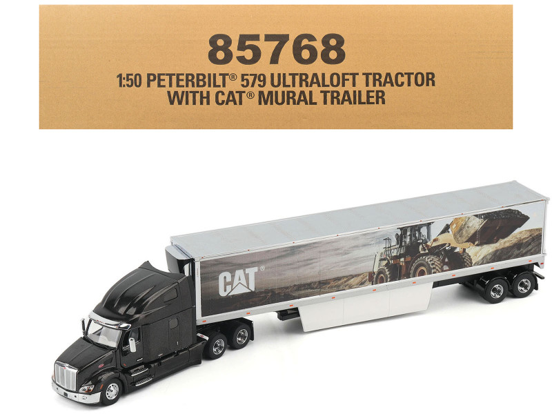 Peterbilt 579 UltraLoft Truck Tractor Black Metallic with CAT Caterpillar Mural Trailer Transport Series 1/50 Diecast Model Diecast Masters 85768