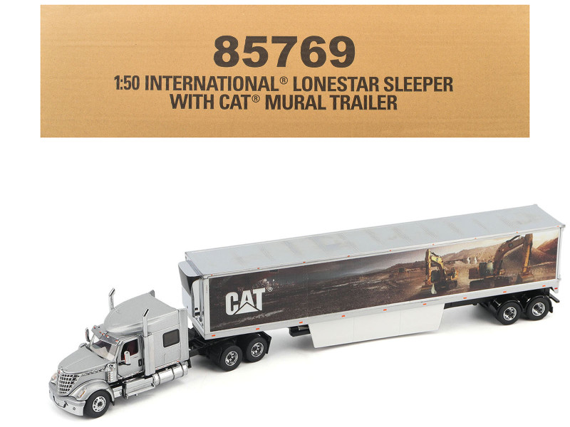 International Lonestar Truck with Sleeper Silver Metallic with CAT Caterpillar Mural Trailer Transport Series 1/50 Diecast Model Diecast Masters 85769