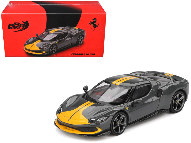 Ferrari 296 GTB Assetto Fiorano Grigio Scuro Dark Gray with Yellow Stripes 1/64 Diecast Model Car BBR BBRFER64007