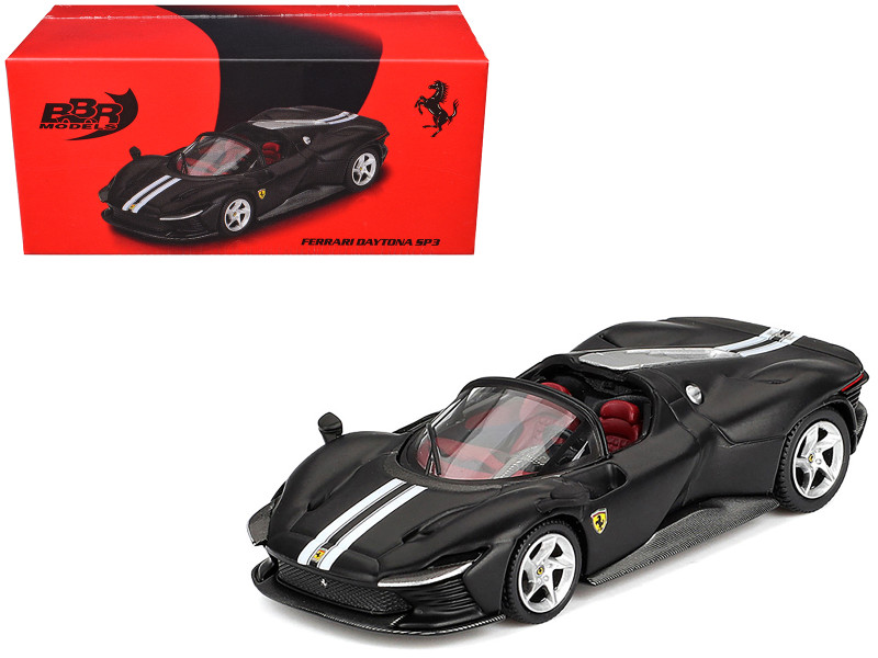 Ferrari Daytona SP3 Matt Black with White Stripes and Red Interior 1/64 Diecast Model Car BBR BBRFER64021